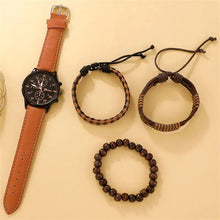 Charger l'image dans la galerie, Men's luxury watch with brown vegan leather strap and matching bracelets, featuring a sophisticated style perfect for any occasion.