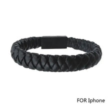 Cargar imagen en el visor de la galería, Black vegan leather bracelet style USB charging cable for iPhone, stylish and portable tech accessory for modern users.