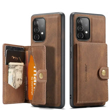 Cargar imagen en el visor de la galería, Leather wallet card slot bag magnetic case for Samsung Galaxy with vegan leather finish and retro style front and back view.