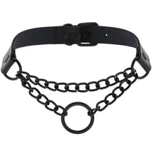 Cargar imagen en el visor de la galería, Black leather round pendant necklace with double chain design showcasing timeless elegance and modern sophistication.