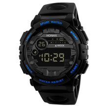 Load image into Gallery viewer, Men's Digital LED Watch with black strap featuring 12/24 hour digital display and LED luminous display mirror for enhanced readability.