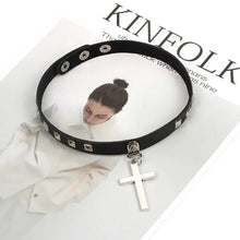 Cargar imagen en el visor de la galería, Harajuku oversized choker necklace with 5cm cross pendant on fashion magazine background.