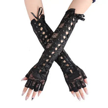 Load image into Gallery viewer, Elegant long black lace half-finger gloves with lace-up design and button detail for a sophisticated style.