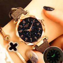 Cargar imagen en el visor de la galería, Premium Leather Star Sky Watch with vegan leather band, celestial-inspired dial, and luxurious design for a sophisticated look.