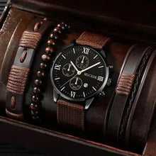 Load image into Gallery viewer, Men's business watch set with leather straps and bead bracelet, showcasing timeless sophistication and style for the modern gentleman.