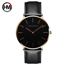Cargar imagen en el visor de la galería, Rose Gold Dial Leather Watch with black face and genuine leather strap, featuring minimalist design and luxurious finish.