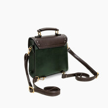Load image into Gallery viewer, Green and brown vegan leather backpack with adjustable straps and top handle, perfect for business and style.
