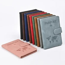 Cargar imagen en el visor de la galería, Vegan leather passport and card holders in assorted colors, featuring world map design, ideal for stylish and organized travel.