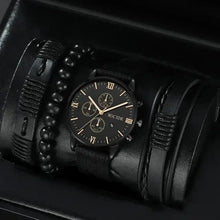 Load image into Gallery viewer, Men's business watch set with black leather and bead accessories for sophisticated style