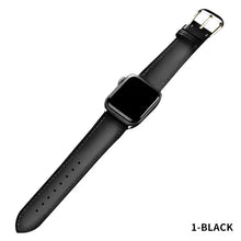 Cargar imagen en el visor de la galería, Black leather band for Apple Watch, featuring a sleek design with a silver buckle, compatible with multiple Apple Watch sizes.