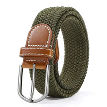 Cargar imagen en el visor de la galería, Elastic leather belt with alloy buckle in olive green, vegan leather, stylish and comfortable fit, ideal for everyday wear.