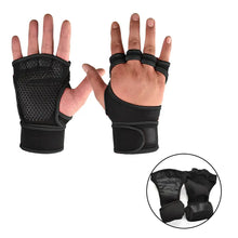 Load image into Gallery viewer, Black weightlifting training gloves with enhanced grip technology for improved workout performance and hand protection.