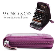 Cargar imagen en el visor de la galería, Purple zipper card wallet with 9 slots for cards, notes, and coins, highlighting its compact and stylish design for everyday use.