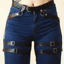 Load image into Gallery viewer, Leather sword belt waist garter worn over jeans, stylish medieval costume accessory.