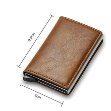 Cargar imagen en el visor de la galería, RFID black magic trifold leather slim mini wallet in vegan leather, compact design, 9.5cm by 6cm dimensions.