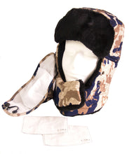 Charger l'image dans la galerie, Camo unisex ushanka trapper hat with faux fur lining and removable mask, designed for warmth and wind protection in cold weather.