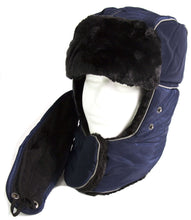 Charger l'image dans la galerie, Alex Unisex Ushanka Faux Fur Windproof Trapper Hat with Removable Mask in navy blue, polyester lining and Velcro closure.