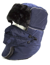 Charger l'image dans la galerie, Alex unisex ushanka trapper hat with faux fur, removable mask, windproof design, navy color, cozy winter headwear