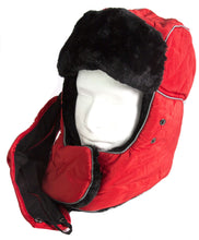 Charger l'image dans la galerie, Red Alex unisex ushanka trapper hat with black faux fur lining and removable mask, displayed on a mannequin.