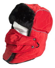 Charger l'image dans la galerie, Red unisex trapper hat with faux fur lining and removable mask, designed for windproof warmth and comfort, head circumference 24 inches.