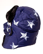 Charger l'image dans la galerie, Blue Alex Unisex Ushanka with star pattern, faux fur lining, and removable mask for warmth and wind protection.