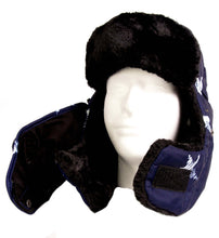Charger l'image dans la galerie, Alex unisex ushanka trapper hat with faux fur, shown with removable mask, windproof design in navy blue with black fur.