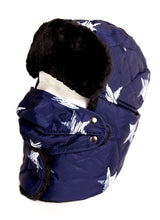 Charger l'image dans la galerie, Alex unisex navy blue ushanka trapper hat with faux fur lining and removable mask, ideal for cold weather; polyester material.
