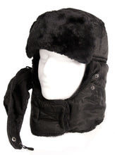 Charger l'image dans la galerie, Black unisex ushanka trapper hat with faux fur lining and removable face mask, designed for warmth and wind protection.