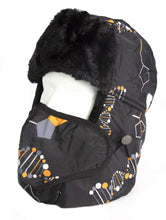 Charger l'image dans la galerie, Alex unisex faux fur trapper aviator hat with removable mask, black with printed design, windproof, for winter warmth.