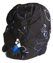 Charger l'image dans la galerie, Alex Unisex Ushanka Faux Fur Windproof Trapper Hat with Removable Mask in black and blue geometric pattern, side view.