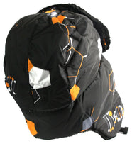 Charger l'image dans la galerie, Alex unisex black trapper hat with geometric pattern, faux fur lining, and removable mask, ideal for winter warmth.