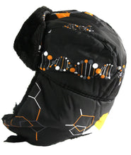 Charger l'image dans la galerie, Alex Unisex Ushanka Trap Aviator Hat with Faux Fur and DNA Pattern, Windproof and Warm, Black with Orange Accents