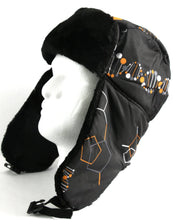 Charger l'image dans la galerie, Alex Unisex Ushanka Trapper Hat with Faux Fur and Removable Mask, Black with Orange Pattern, Warm Windproof Design for Winter