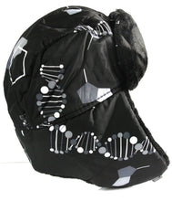 Charger l'image dans la galerie, Black Alex unisex ushanka trapper hat with faux fur lining and geometric pattern, featuring removable mask for added warmth and windproofing.