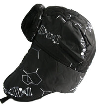 Charger l'image dans la galerie, Black Alex unisex ushanka trapper hat with geometric design, faux fur lining, and removable mask, offering warmth and windproof protection.