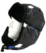 Charger l'image dans la galerie, Alex Unisex Ushanka Faux Fur Windproof Trapper Aviator Hat with Removable Mask, side view, black with geometric pattern.