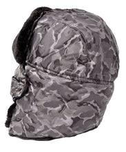 Charger l'image dans la galerie, Side view of Alex unisex ushanka faux fur trapper hat with removable mask, in camouflage pattern, offering warmth and protection.
