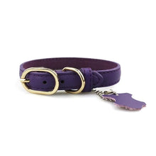 Cargar imagen en el visor de la galería, Purple personalized genuine leather dog collar with gold buckle and charm, customizable with pet's name for style and safety.
