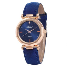 Cargar imagen en el visor de la galería, Fashion women's vegan leather casual watch with blue strap and rose gold accents, featuring a sleek quartz movement.