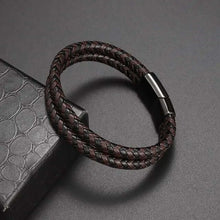 Cargar imagen en el visor de la galería, Classic hand woven multi-layered vegan leather bracelet for men, elegant black design, ideal for casual and formal outfits - Imported