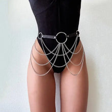 Load image into Gallery viewer, Goth leather body harness with chains on a model, showcasing edgy gothic fashion.