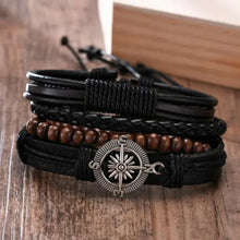 Cargar imagen en el visor de la galería, Vnox vegan leather braided wrap bracelets set with compass charm and bead accents for men.