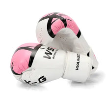 Load image into Gallery viewer, Pink and white adult kickboxing gloves with adjustable wrist strap and breathable design for optimal training comfort.