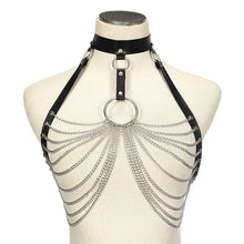 Load image into Gallery viewer, Goth leather body harness chain bra with intricate metal chains on a mannequin, ideal for alternative fashion and gothic style.