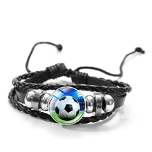 Cargar imagen en el visor de la galería, Unisex polyurethane leather bracelet with soccer charm and silver accents, stylish and durable accessory.