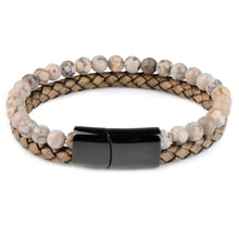 Charger l'image dans la galerie, Natural stone and genuine leather bracelet with black clasp, stylish accessory for sophistication.