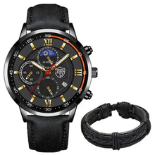 Cargar imagen en el visor de la galería, Men's casual leather watch with black face and bracelet, featuring classic design and modern functionality.