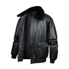 Load image into Gallery viewer, REED Men's Premium Leather Aviator Bomber Jacket with knit cuffs and front pockets, made from imported durable leather.