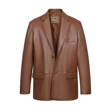 Cargar imagen en el visor de la galería, REED Men's Premium Lambskin Leather Blazer Jacket, imported, luxury soft-touch classic style, American fit, brown color, front view.