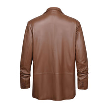 Cargar imagen en el visor de la galería, Back view of REED Men's Premium Lambskin Leather Blazer Sports Jacket in brown, showcasing high-quality craftsmanship and timeless style.